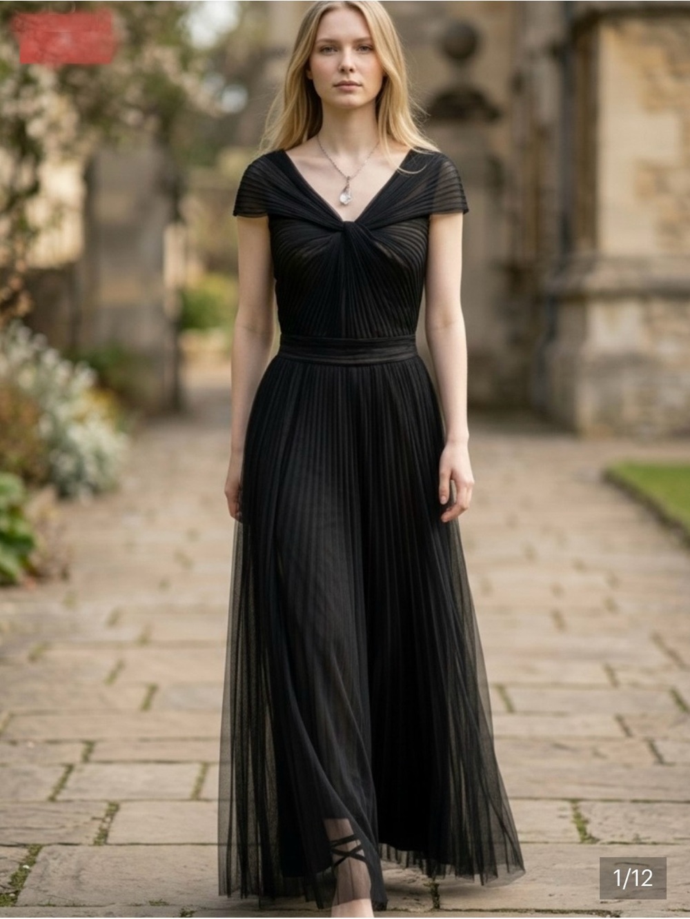 Tadashi shoji black pleated sheer maxi formal Dress size 4